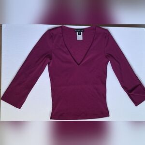 Vintage bebe 3/4 Bell Sleeve Top Fitted V Neck Nylon Magenta Purple XS
